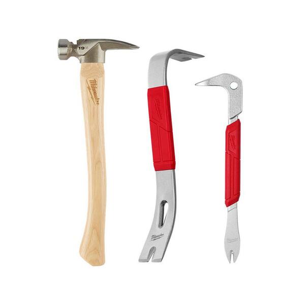 Milwaukee 19 oz. Wood Milled Face Hickory framing Hammer with 12 in. Pry Bar and 9 in. Nail Puller with Dimpler (3-Piece)