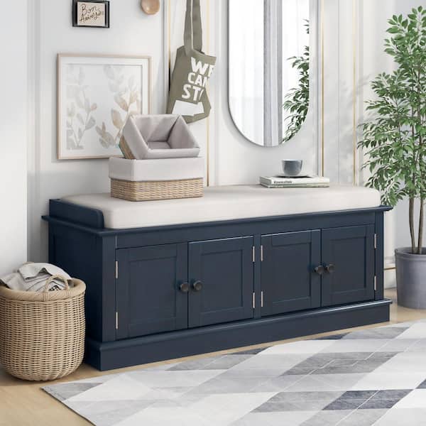 Qualler Antique Navy Storage Bench with 4-Doors and Adjustable Shelves 17 in. H x 43 in. W x 16 in. D