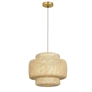 1-Light Natural Rattan Pendant Lamp, Hand-Woven Bamboo Lantern Shape Pendant Light, Beige 16 in.