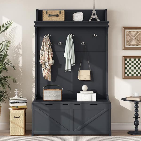 Unbranded 47.2 in. W x 18.5 in. D x 74.6 in. H Black Wood Hall Tree with Drawer and 5-Hooks for Entryways Hallways