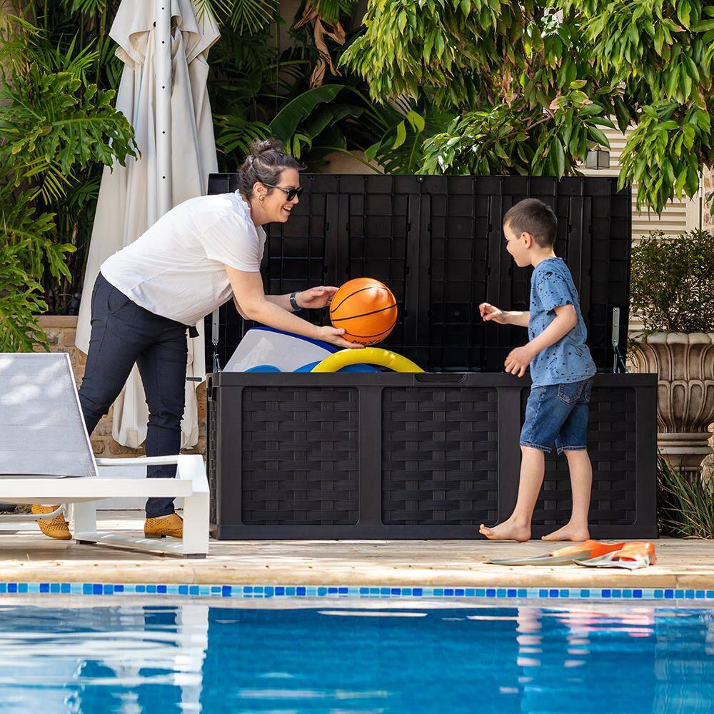 Black Wicker Plastic Lockable Deck Box with Wheels