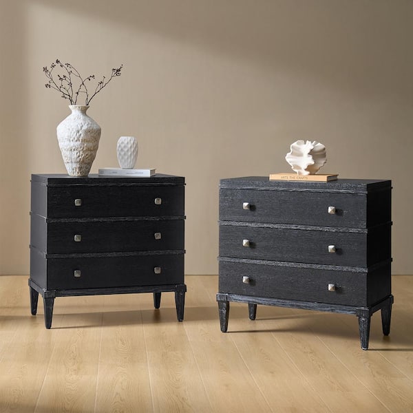 Nikolaus Black Transitional 3-Drawer Nightstand with Charging Station (Set of 2)