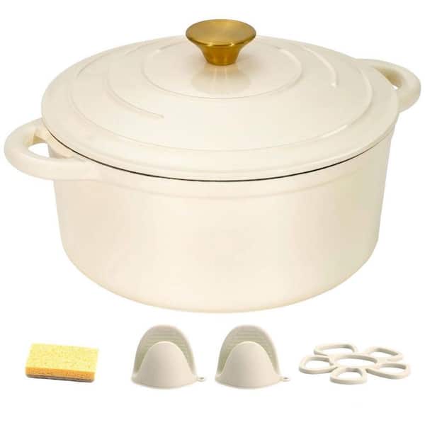 5.5 qt. Round Enameled Cast Iron Dutch Oven Pot in Cream White with Lid Dual Handle for Braising Roasting Baking