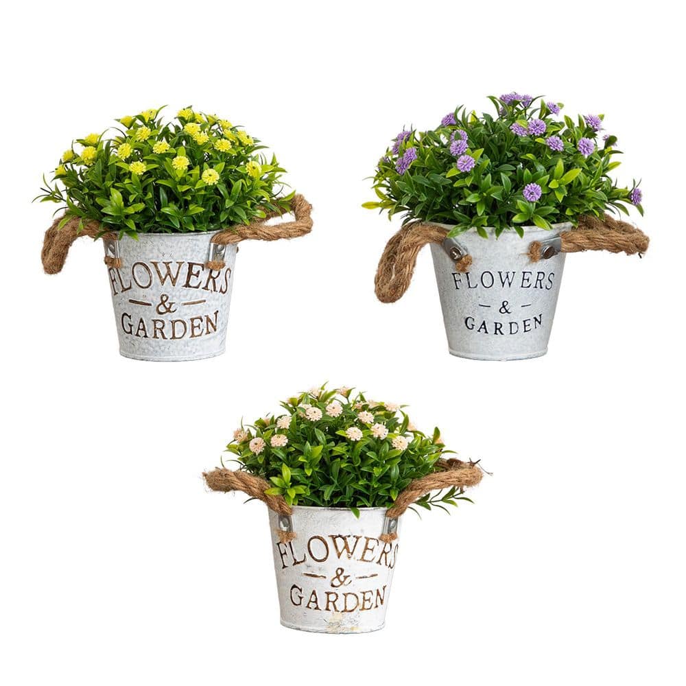 6 in. Multi-Colored Artificial Mixed Button Pom Assorted Flowers in Rustic Flowers and Garden Planter - Set of 3 price history on PriceWatchPro
