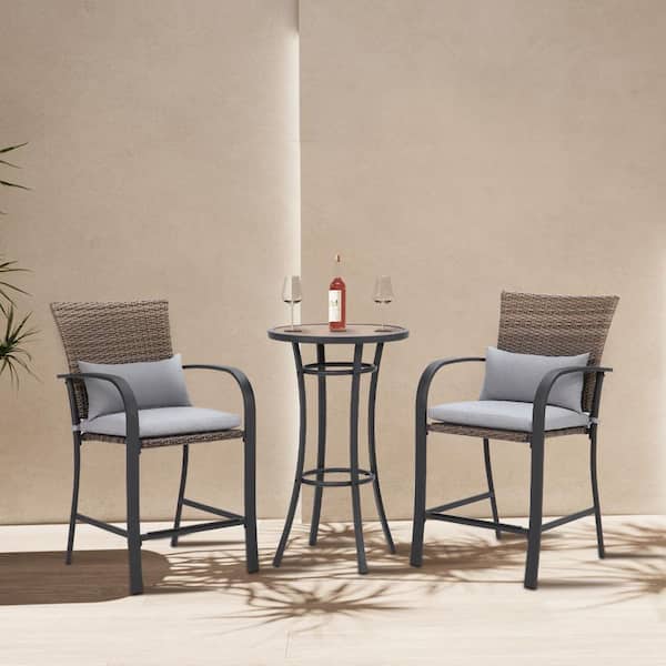 BANSA ROSE Wicker Outdoor Bar Stool with Gray Cushions for Garden Pool Lawn Backyard, 330 lb. Weight Capacity (2-Pack)
