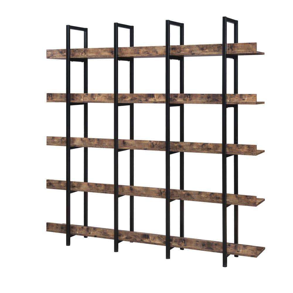 70.87 in. Brown MDF Wood and Metal Frame 5-Shelf Standard Bookcase
