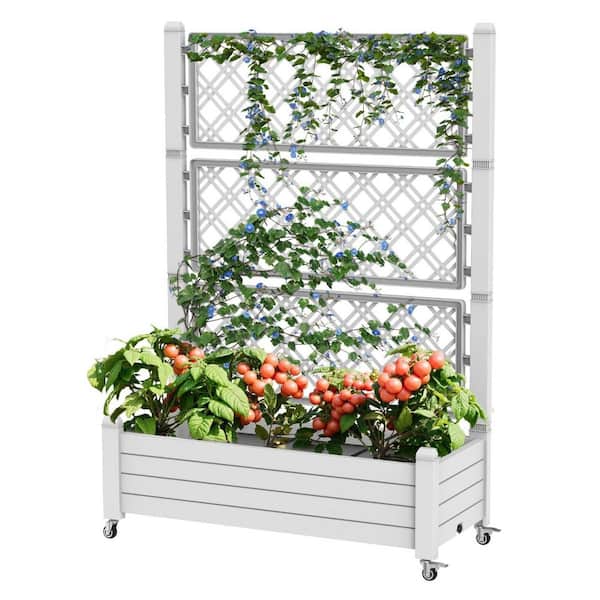 Outdoor Plastic Raised Garden Bed with Drain Plug for Climbing Plants, 4-Lockable Wheels (Ashen, 43.43 x 18.27 x 64.29)