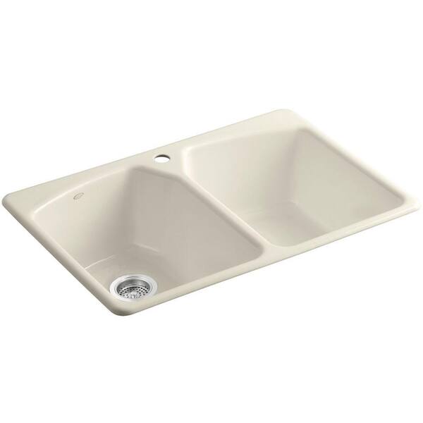 KOHLER Tanager Drop-In Cast-Iron 33 in. 1-Hole Double Bowl Kitchen Sink in Almond