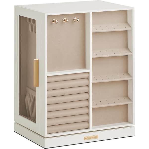 Afoxsos 6.3"D x 8.7"W x 11.2"H, White MDF Rotating Jewelry Storage Box Organizer with 5 Drawers and Glass Window