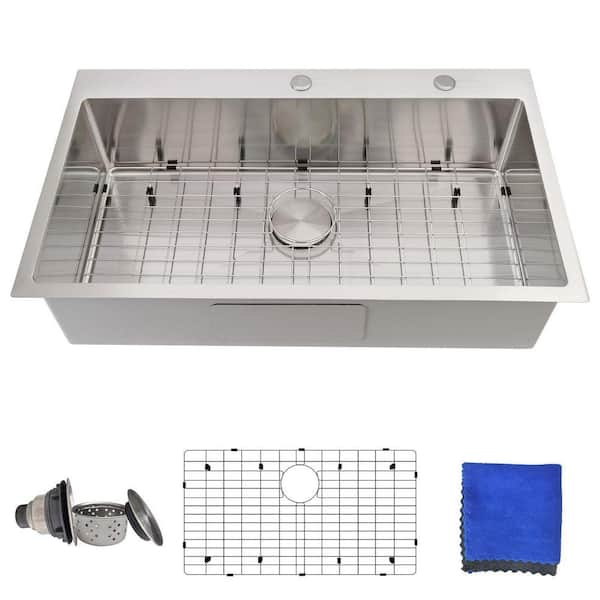 33 x 19 in. Drop-in Kitchen Sink 16-Gauge Stainless Steel Single Bowl Top Mount Sink with Bottom Grid and Strainer