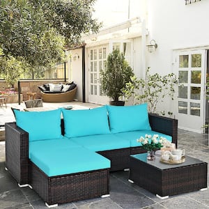 5-Pieces Plastic Rattan Outdoor Sectional Set with Turquoise Cushion