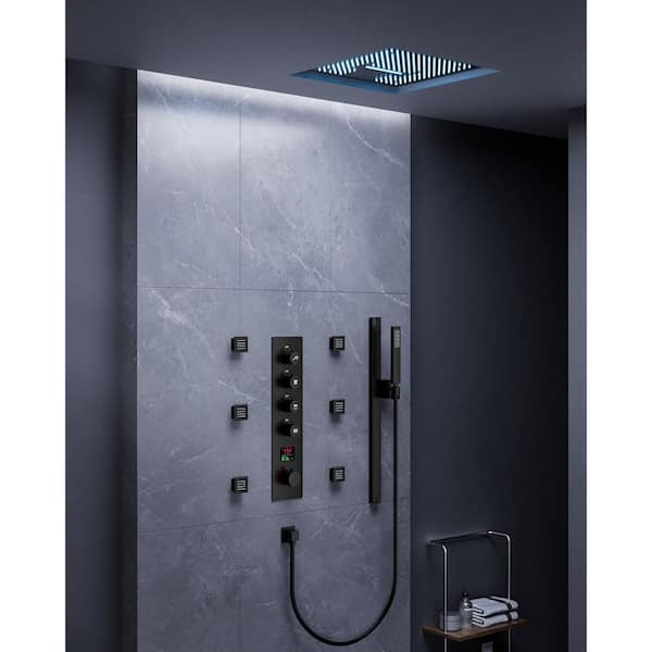 EVERSTEIN Merrin 15-Spray Patterns Dual Shower Head LED 16 in. Ceiling Mount Fixed and Handheld Shower Head in Matte Black
