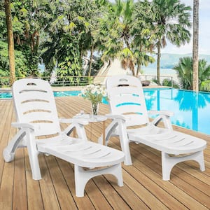 Pastoralism 1-Piece Plastic Outdoor Chaise Lounge White Adjustable Folding with Wheels