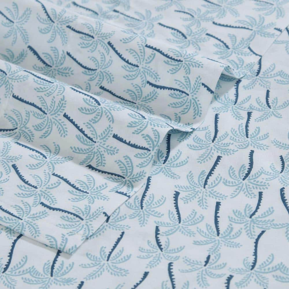 King Blue Cotton Percale Palm Print Sheet Set