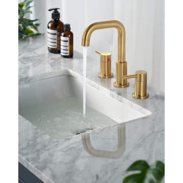8 in. Widespread Double Handle Bathroom Basin Faucet with Drain Kit in Brushed Gold