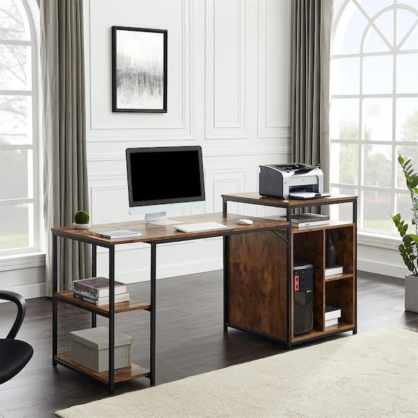 wooden computer table with printer