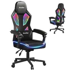 Polyurethane Leather LED Ergonomic Gaming Chair in Black with Pocket Spring Cushion and Adjustable Lumbar Support