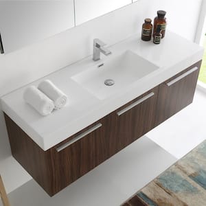 Vista 59 in. Vanity in Walnut with Acrylic Vanity Top in White with White Basin and Mirrored Medicine Cabinet