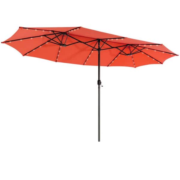 Clihome 15 ft. Market Twin Patio Umbrella in Orange with 48 Solar LED Lights without Weighted Base