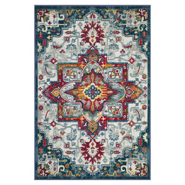 Ottomanson Ottohome Collection Non-Slip Rubberback Medallion 2x3 Indoor Area Rug/Entryway Mat, 2 ft. 3 in. x 3 ft.,Blue/Off White