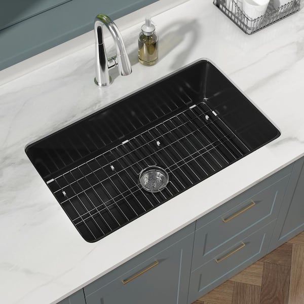 HOMLYLINK Black Fireclay Kitchen Sink 32 in. Drop-in/Undermount Dual Mount Single Bowl Kitchen Sinks with Sink Grid and Strainer