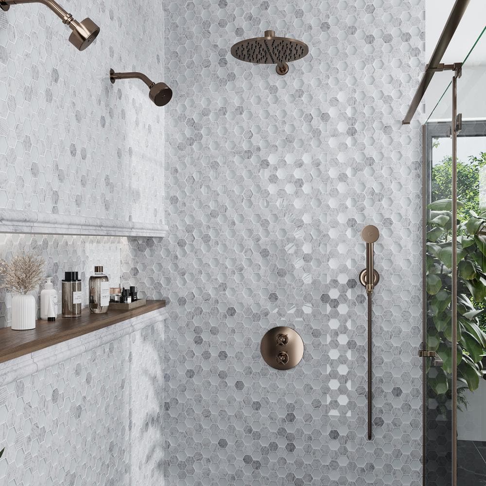 Gray Hexagon Glass and Marble Mosaic Tile for Walls and Floors