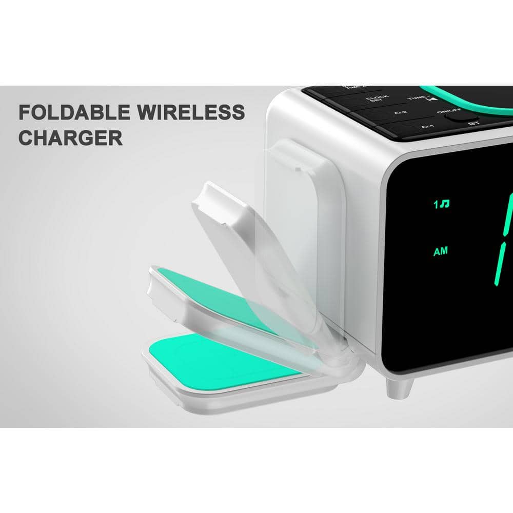 White Digital Alarm Clock with Wireless Charging and Bluetooth Speaker