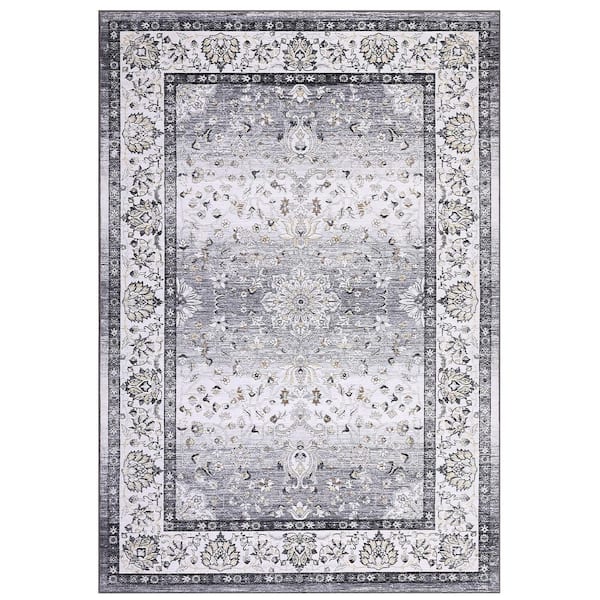Soft Vintage Distressed Carpet Short Pile Non-slip Rug Washable Printed Rug Living Room Decorative Rug Gray 9X12ft