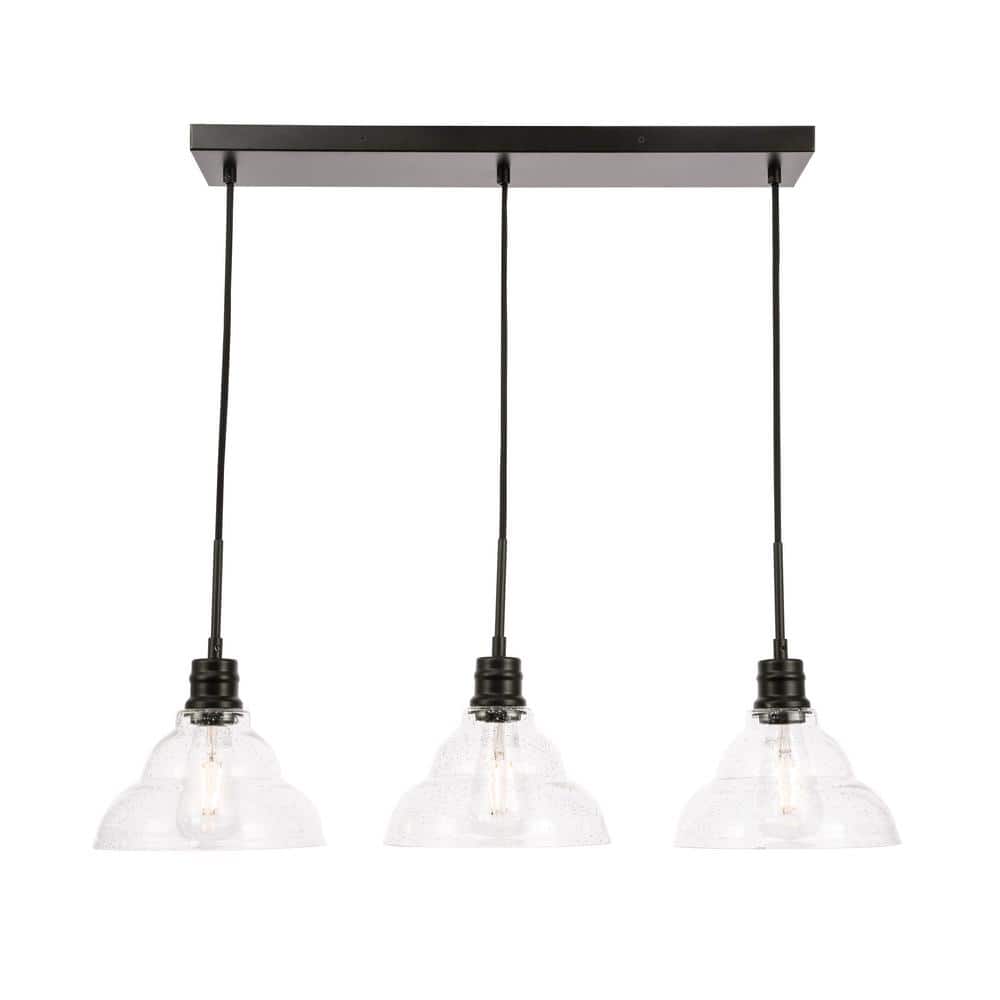 Timeless Home 34.5 in. 3-Light Black and Clear Seeded Glass Pendant Light, 