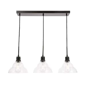 Timeless Home 34.5 in. 3-Light Black and Clear Seeded Glass Pendant Light, Bulbs Not Included