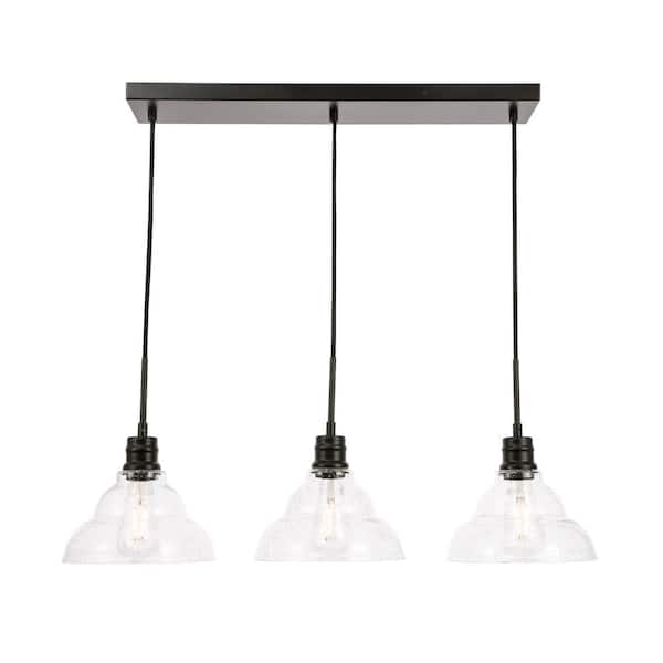 Unbranded Timeless Home 34.5 in. 3-Light Black and Clear Seeded Glass Pendant Light, Bulbs Not Included