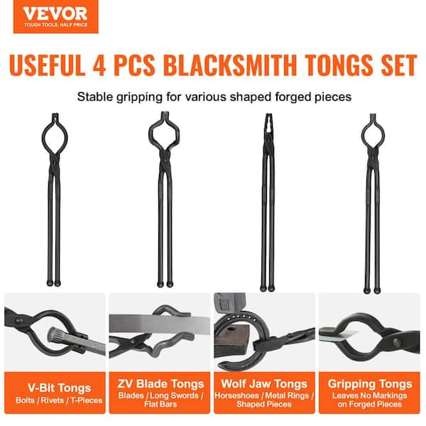 VEVOR Blacksmith Tongs, 18” 4 Pcs, V-Bit Bolt Tongs, Wolf Jaw Tongs, Z V-Bit Tongs and Gripping Tongs, Carbon Steel Forge Tongs