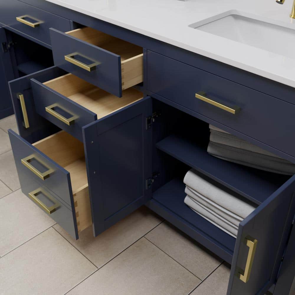 Beckett 72" Dark Blue Freestanding Double Vanity with White Marble Top