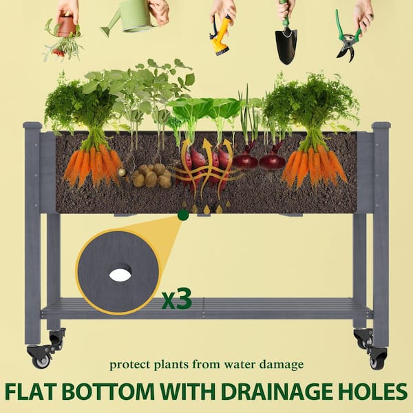 47 in. W x 23 in. D x 33 in. H Gray Cedar Raised Garden Bed with Lockable Wheels, Shelf and Liner