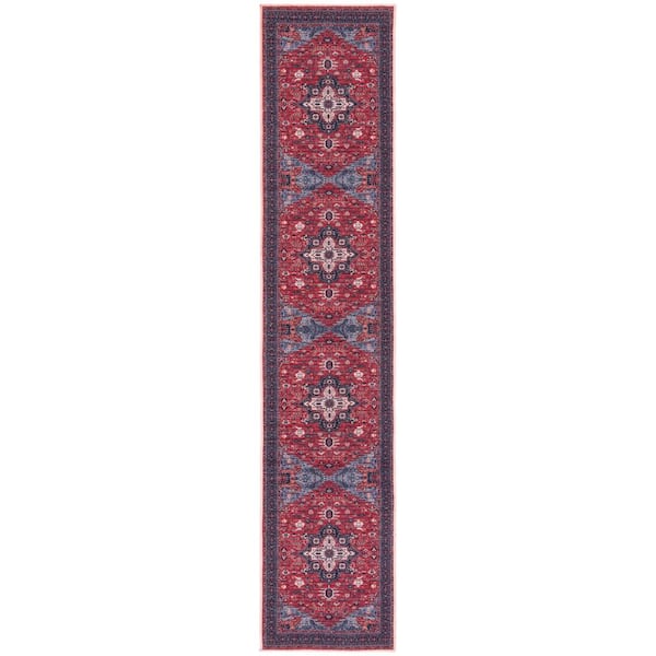 Serapi Red/Navy 2 ft. x 7 ft. Machine Washable Border Geometric Runner Rug