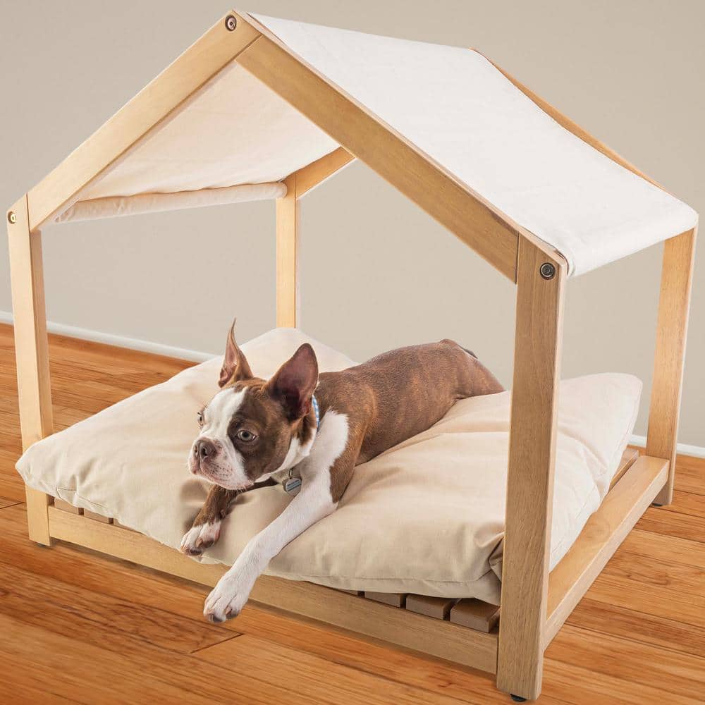 Small Natural Wood Indoor Dog House with Cushion and Canopy