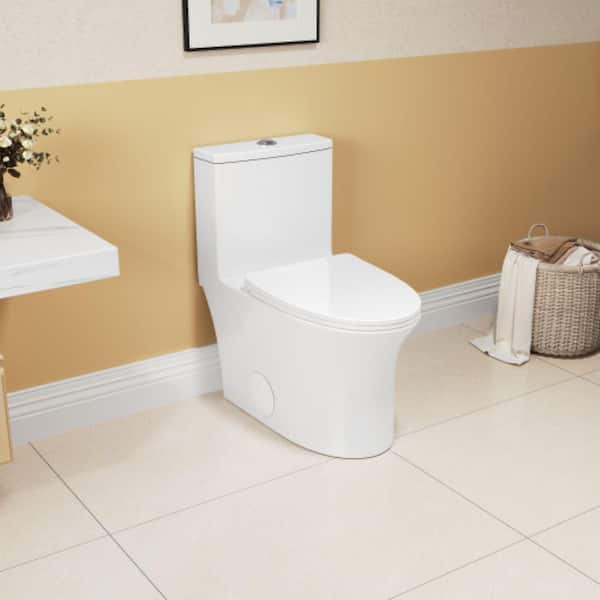 16.00 inch 1-piece 1.1/1.6 GPF Dual Flush Elongated Toilet in Almond Seat Included, White Ceramic, Soft Close Seat