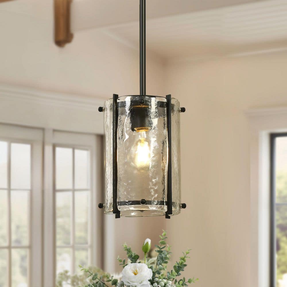 Fiorekaury Modern 1-Light Black Island Drum Pendant Light with Clear Textured Glass Shade for Dining Room price history on PriceWatchPro