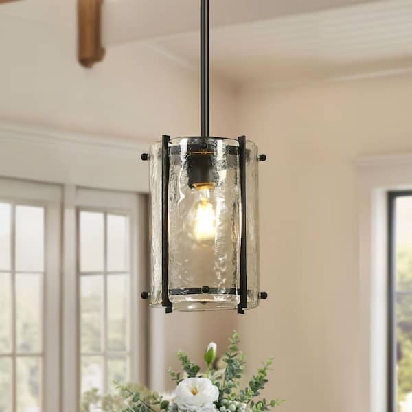 Fiorekaury Modern 1-Light Black Island Drum Pendant Light with Clear Textured Glass Shade for Dining Room