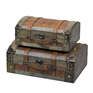 Rustic Gray Vintage Luggage Style Wooden Treasure Chests Trunks (Set of 2)