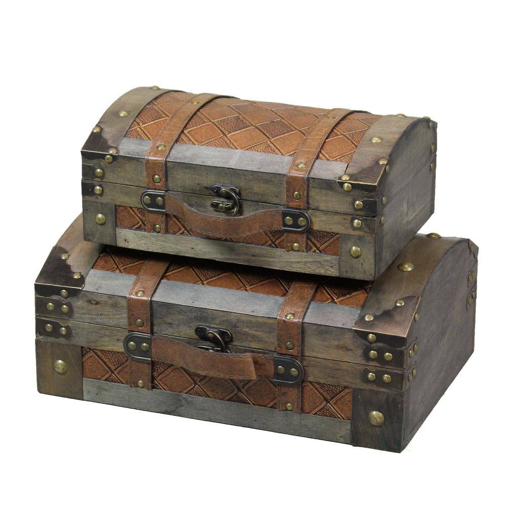 Vintiquewise Rustic Gray Vintage Luggage Style Wooden Treasure Chests