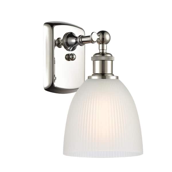 Castile 1-Light Polished Nickel, White Wall Sconce with White Glass Shade