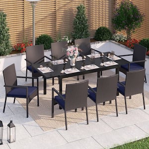 Black 9-Piece Metal Patio Outdoor Dining Set with Geometric Extendable Table and Rattan Chair with Blue Cushion