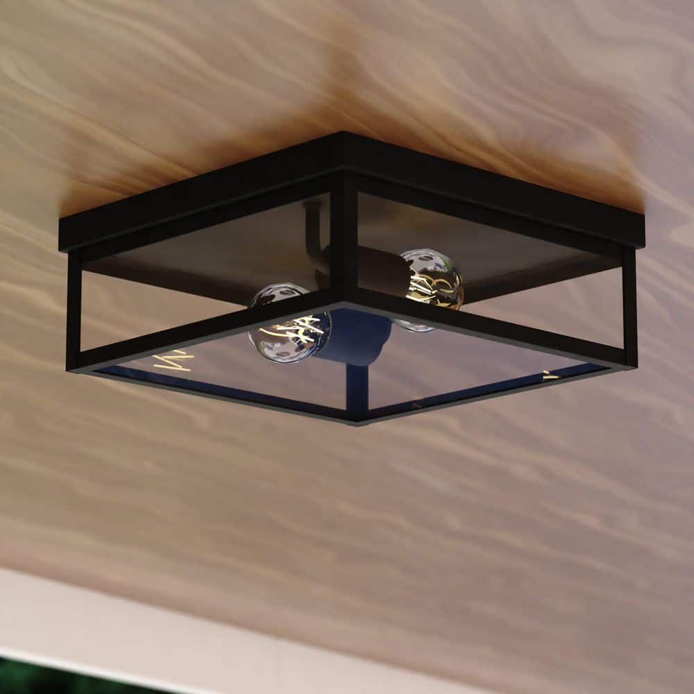 Clinton 2-Light 12 in. W Matte Black Outdoor Flush Mount Ceiling Light with Clear Glass Shade, LED Compatible price history on PriceWatchPro