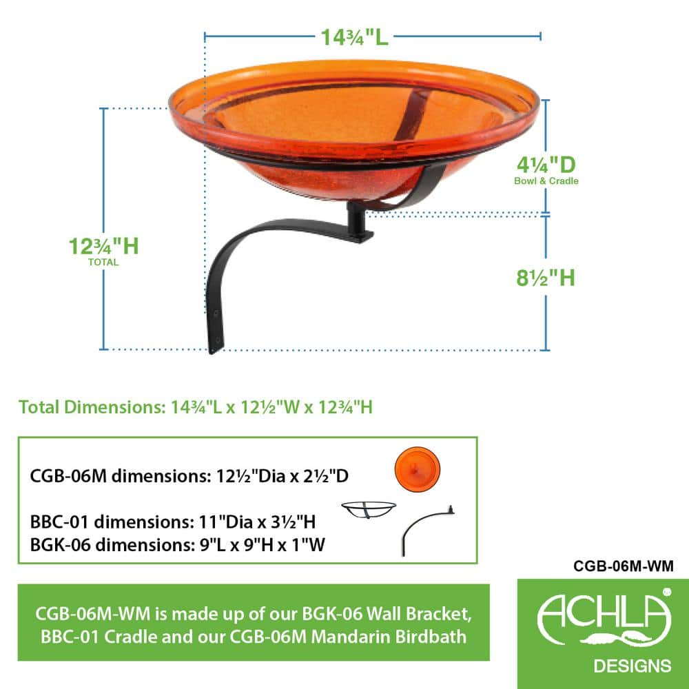 16'' Mandarin Orange Crackle Glass Wall-Mount Birdbath