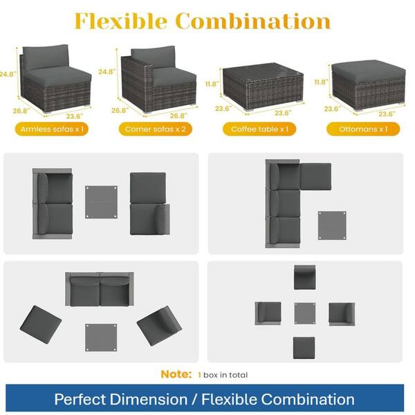 Zeus & Ruta 7-Piece Black Wicker Outdoor Sectional Set with Gray