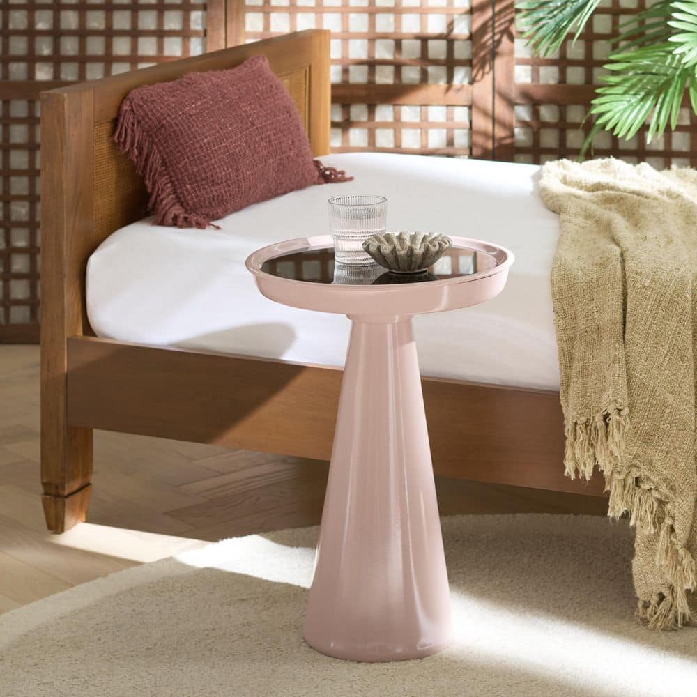 Hikuma 16 in. Black/Taupe Round Glass End Table