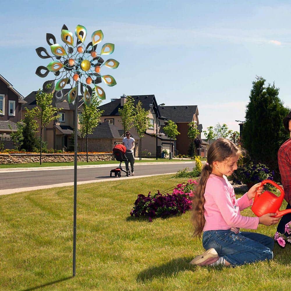 63 in. Metal Kinetic Wind Spinners with Stake, 360 Swivel Peacock Outdoor Wind Sculpture - Thumbnail 5