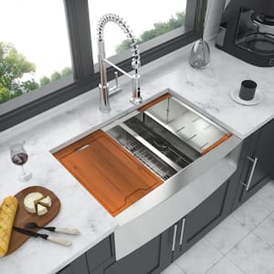 33 in. Farmshouse Double Bowl 16 Gauge Brushed Nickel Stainless Steel Kitchen Sink with Bottom Grids