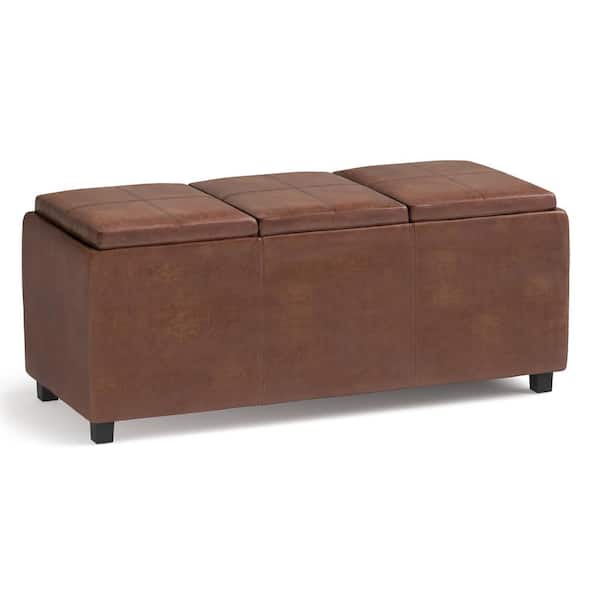 Simpli Home Avalon 42 in. Wide Contemporary Rectangle Storage Ottoman in Distressed Saddle Brown Faux Leather